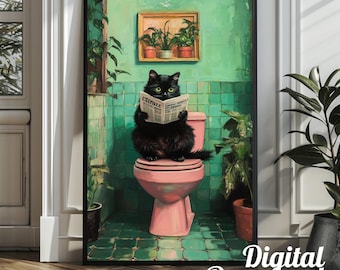 Bathroom Cat Print, Funny Posters, Digital Download, Cat Pooping on Toilet Wall Art, Bathroom Humor, Quirky Cat Poster, Funny Bathroom