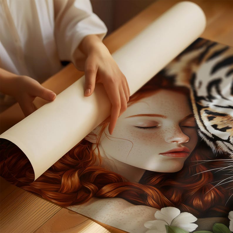 May include: A print of a woman with red hair sleeping with a tiger. The woman has her eyes closed and her face is turned to the side. The tiger's fur is orange and black. The print is on a wooden surface.