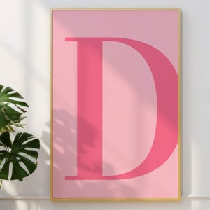 Póster de la letra D, arte de pared rosa, bonita impresión del alfabeto rosa, decoración de dormitorio, decoración de habitación preppy