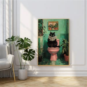 May include: A black cat sitting on a pink toilet reading a newspaper in a green bathroom with plants.