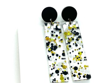 Long glitter acrylic Confetti earrings, Sparkle, Funfetti, Black and White, Gold, iridescent glitter, large dangles, Statement, Bold, dots