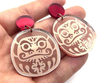 Daruma Doll Earrings, Japanese Doll, Good luck charm, wishing doll, good fortune, Mirror acrylic, rose gold, red or rose gold