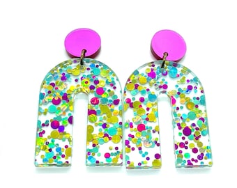 Glitter Arch Confetti acrylic earrings, Sparkle, Funfetti, Pink, Turquoise, Gold, holographic glitter, large dangles, Statement, Bold, dots