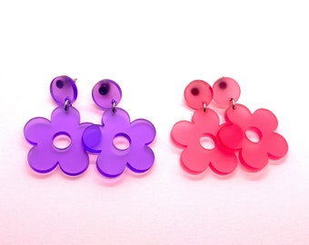 Retro Daisy Acrylic Earrings, Frosted Matte Acrylic, Flower Power, Pink or Purple, Floral, statement, lightweight, hypoallergenic