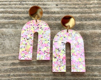 Arch Confetti earrings, Glitter Acrylic, Sparkle, Funfetti, neon Pink, yellow, white, glitter, large dangles, Statement, Bold, dots