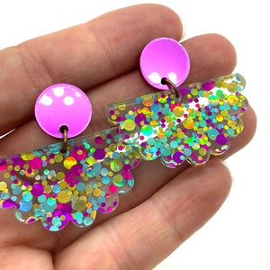 Scalloped glitter acrylic Confetti earrings, Sparkle, Funfetti, Pink, Turquoise, Gold, iridescent, large dangles, Statement, Bold, dots image 4