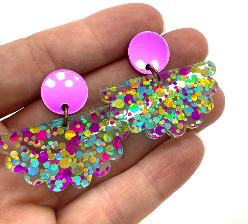 Scalloped glitter acrylic Confetti earrings, Sparkle, Funfetti, Pink, Turquoise, Gold, iridescent, large dangles, Statement, Bold, dots image 4