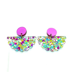 Scalloped glitter acrylic Confetti earrings, Sparkle, Funfetti, Pink, Turquoise, Gold, iridescent, large dangles, Statement, Bold, dots image 5