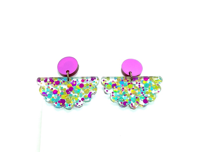 Scalloped glitter acrylic Confetti earrings, Sparkle, Funfetti, Pink, Turquoise, Gold, iridescent, large dangles, Statement, Bold, dots image 5