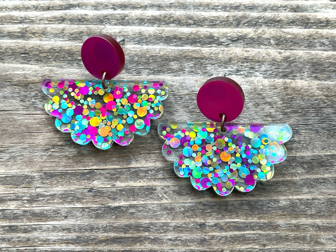 Scalloped Glitter Acrylic Confetti Earrings, Sparkle, Funfetti, Pink