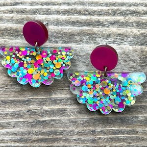 Scalloped glitter acrylic Confetti earrings, Sparkle, Funfetti, Pink, Turquoise, Gold, iridescent, large dangles, Statement, Bold, dots image 1