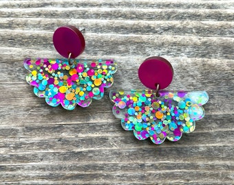 Scalloped glitter acrylic Confetti earrings, Sparkle, Funfetti, Pink, Turquoise, Gold, iridescent, large dangles, Statement, Bold, dots