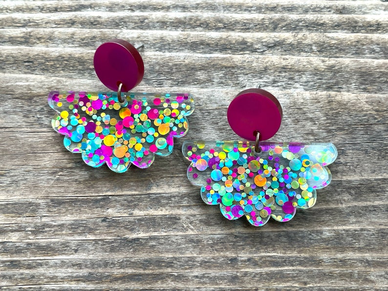 Scalloped glitter acrylic Confetti earrings, Sparkle, Funfetti, Pink, Turquoise, Gold, iridescent, large dangles, Statement, Bold, dots image 1