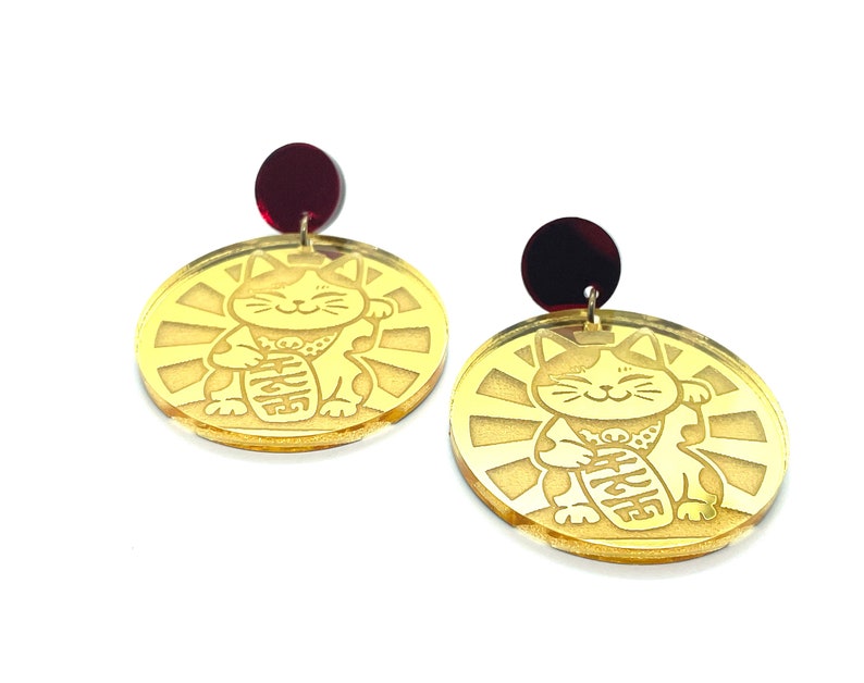 Maneki Neko Acrylic Earrings, Lucky Cat, Good luck, Fortune, Talisman, Gold Mirror Acrylic, Red mirror, hypo allergenic stainless steel image 5