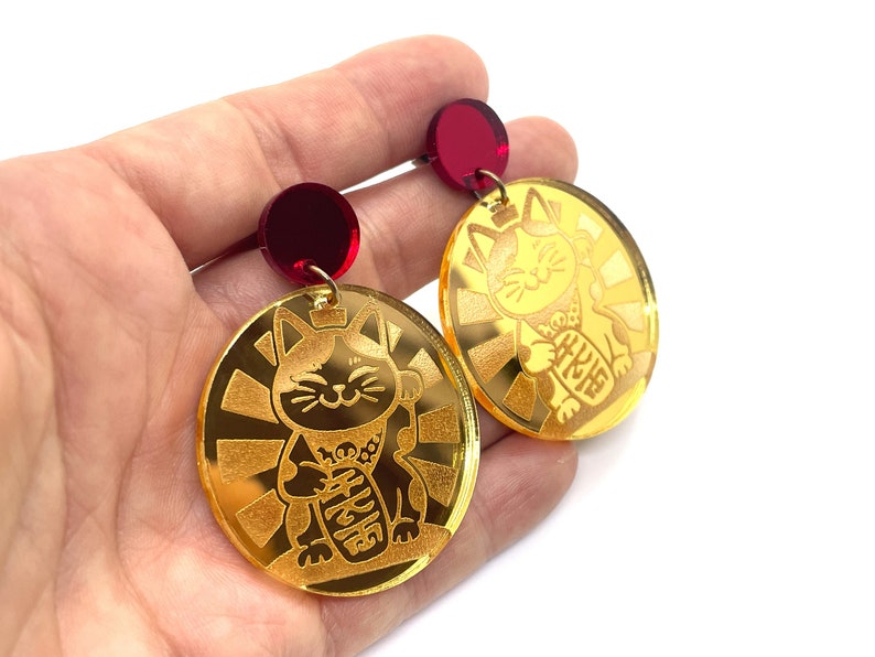 Maneki Neko Acrylic Earrings, Lucky Cat, Good luck, Fortune, Talisman, Gold Mirror Acrylic, Red mirror, hypo allergenic stainless steel image 3