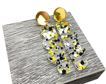 Black and Gold Iridescent Confetti Glitter Acrylic earrings, Statement, laser cut, sparkly, lightweight, Gold studs, choose your design