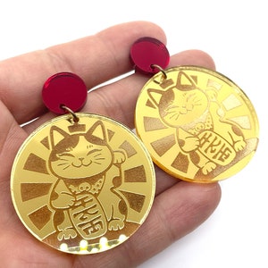 Maneki Neko Acrylic Earrings, Lucky Cat, Good luck, Fortune, Talisman, Gold Mirror Acrylic, Red mirror, hypo allergenic stainless steel image 1