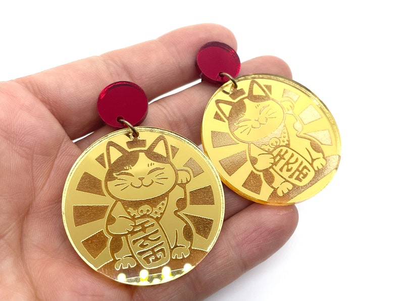 Maneki Neko Acrylic Earrings, Lucky Cat, Good luck, Fortune, Talisman, Gold Mirror Acrylic, Red mirror, hypo allergenic stainless steel image 1