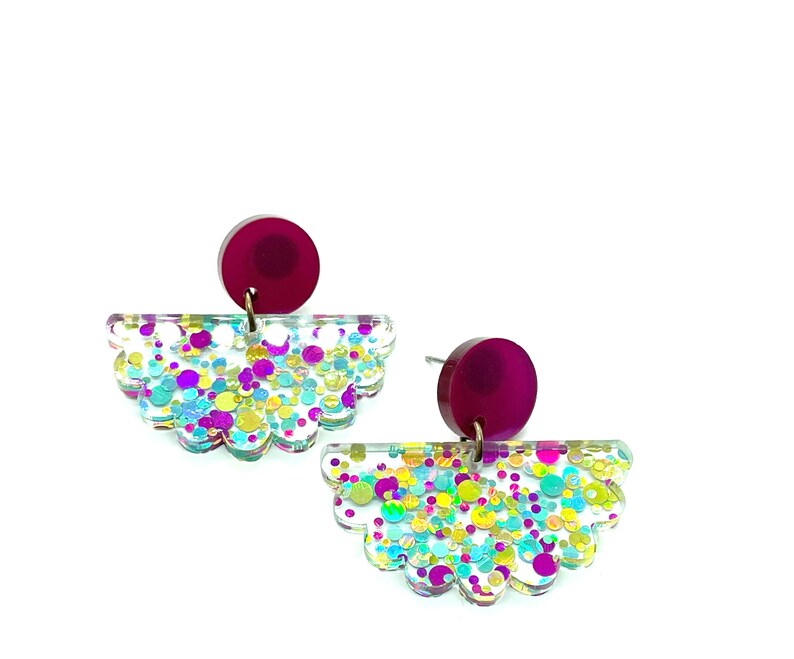 Scalloped glitter acrylic Confetti earrings, Sparkle, Funfetti, Pink, Turquoise, Gold, iridescent, large dangles, Statement, Bold, dots image 3