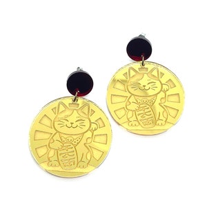 Maneki Neko Acrylic Earrings, Lucky Cat, Good luck, Fortune, Talisman, Gold Mirror Acrylic, Red mirror, hypo allergenic stainless steel image 4