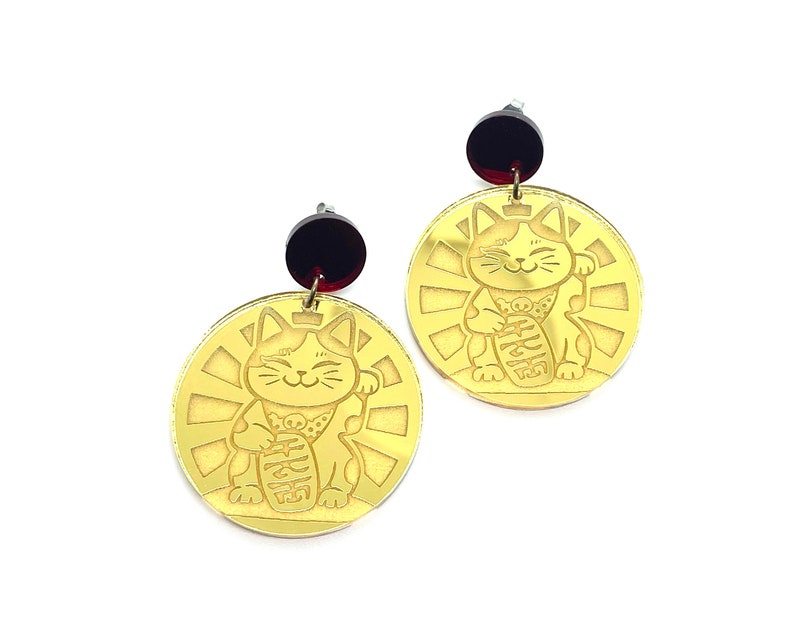 Maneki Neko Acrylic Earrings, Lucky Cat, Good luck, Fortune, Talisman, Gold Mirror Acrylic, Red mirror, hypo allergenic stainless steel image 4