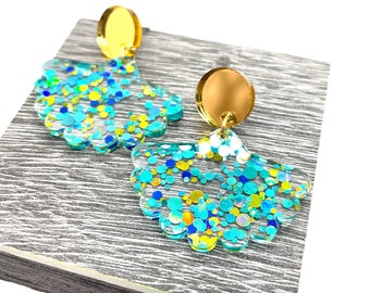 Aqua Confetti Glitter Acrylic earrings, Statement earrings, laser cut, sparkly, lightweight, iridescent, Gold studs, choose your design