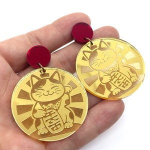 Maneki Neko Acrylic Earrings, Lucky Cat, Good luck, Fortune, Talisman, Gold Mirror Acrylic, Red mirror, hypo allergenic stainless steel image 2