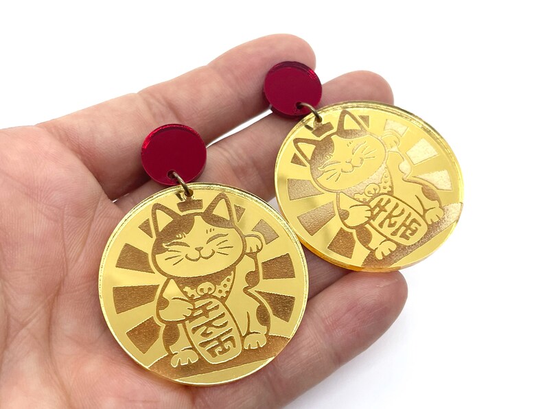 Maneki Neko Acrylic Earrings, Lucky Cat, Good luck, Fortune, Talisman, Gold Mirror Acrylic, Red mirror, hypo allergenic stainless steel image 2