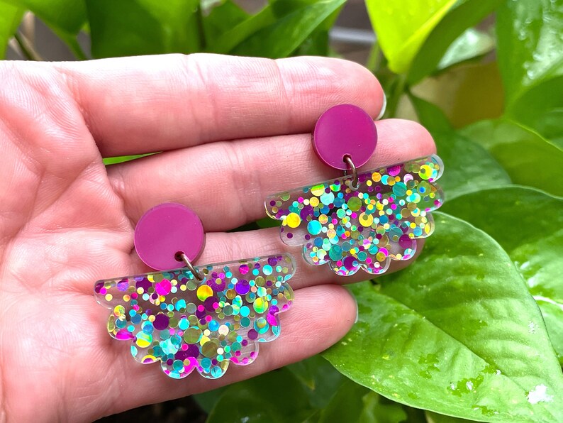 Scalloped glitter acrylic Confetti earrings, Sparkle, Funfetti, Pink, Turquoise, Gold, iridescent, large dangles, Statement, Bold, dots image 2