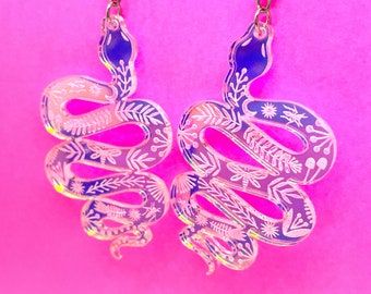Celestial Snake Iridescent Acrylic Earrings, Lunar, Magic, Witchy, Mythical, Mystical, Laser cut, Statement, Lightweight, Dangle, Serpent