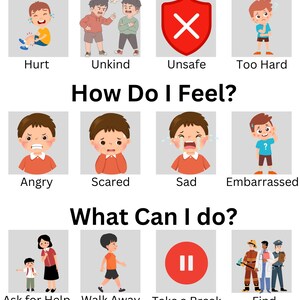 May include: A chart with illustrations of different situations, emotions, and actions. The chart is titled "What Happened?", "How Do I Feel?", and "What Can I Do?" The chart is designed to help children understand and cope with difficult situations.