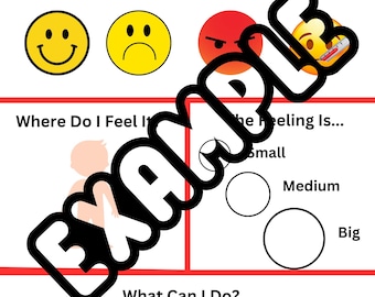 May include: A printable worksheet with a check-in chart for emotions. The chart includes three yellow smiley faces, one happy, one sad, and one angry. The chart also includes a section for where you feel it, how big the feeling is, and what you can do. The chart includes options like take a break, listen to music, read a book, draw/color, talk to someone, lay down, watch a movie, take deep breaths, and go for a walk.