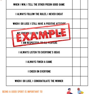 Puede incluir: Una lista de verificación imprimible con la pregunta "¿Soy un buen deportista?" y una lista de preguntas a las que responder sí o no. Las preguntas incluyen: "Cuando gano, le digo a la otra persona buen juego", "Siempre sigo las reglas, nunca hago trampa", "Cuando pierdo, sigo teniendo una actitud positiva", "Soy respetuoso con todos los jugadores", "Siempre escucho las ideas de todos", "Siempre termino un juego", "Animo a todos", y "Cuando pierdo, felicito al ganador". La lista de verificación está ilustrada con una pelota de béisbol y un bate, y un grupo de personas jugando un juego de mesa.