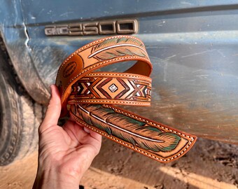 Vintage Hand Tooled Native American Tan Leather Belt - Etsy display picture 1