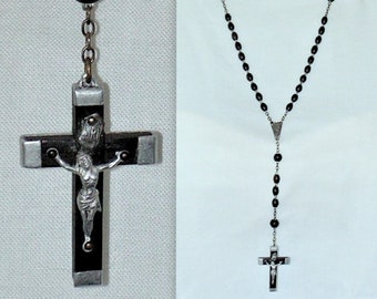 Ebony Wood Beaded Crucifix,  Aluminum Wrapped Cross, Silver Chain, Catholic Rosary, Corpus Christi + Medallions, Vintage c1900