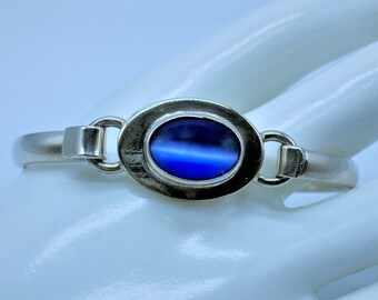 925 Silver Cuff Bracelet, Blue Cat's Eye Moonstone Bangle, Vintage Mexico Sterling Bracelet
