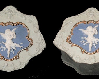 Schafer Vater Jasperware Trinket Box, Cherub - Bird Cameo, Bisque Porcelain, Vintage 1900s Antique