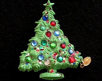 Christmas Tree Brooch, Rhinestone Ornaments, Glitter, Mary Madonna Charm, Molded  Vintage Early Plastic Celluloid Thermoset
