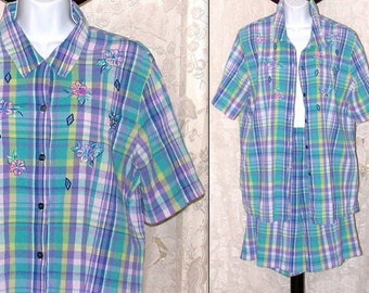 Shorts - Shirt Set, Seersucker Gingham Check, Napa Valley, Vintage 90s