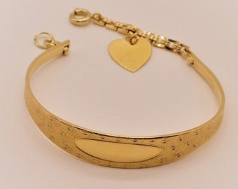 Jacoby Bender Cuff Bracelet, Heart Charm - ID Bracelet, Signed JB, Safety Chain, Gold Metal, Vintage