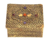 Jeweled Hammered Brass Box, Trinket or Cigarette Box, Teak Wood Interior, Antique Collectible, Vintage 1900s