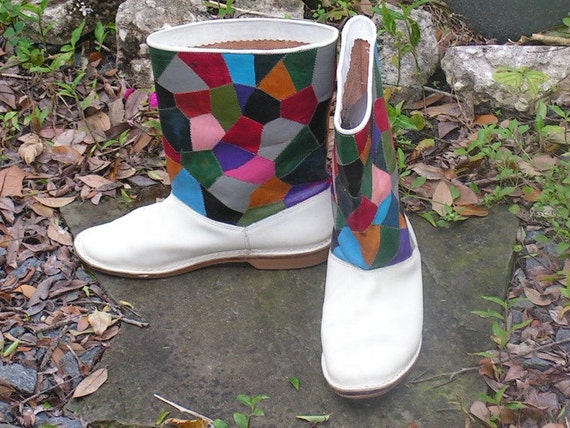 Patchwork Leather Boots, Rainbow Colors on White,
