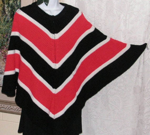 Chevron Knit Pullover Poncho, Red Black White Stri