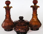 Vintage Glass - Vanity Dresser Set - PowderJar - 2 Perfume Bottles -  Amber - Honeycombe