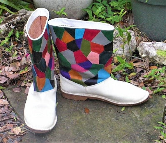 Patchwork Leather Boots, Rainbow Colors on White,