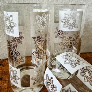 VINTAGE MCM Highball Glasses - White and Gold Geometrical Pattern - Set of 3 - Mid Century - Retro Vintage Glassware