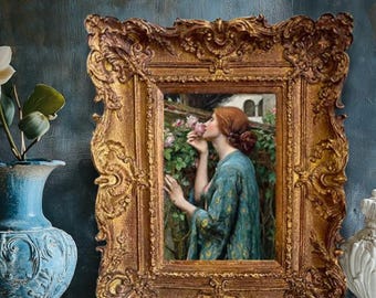 Renaissance Woman Portrait Art Print Framed, Baroque Antique Gold 4x6 Picture Frame, Pre-Raphaelite Artwork, Painter Gifts, Bookshelf Decor