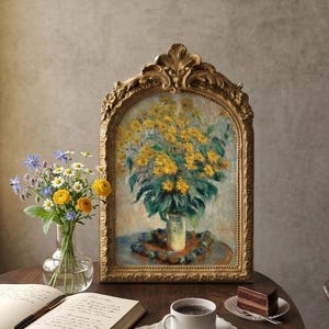 Framed Monet Jerusalem Artichokes Print – Ornate Gold Arch Frame, Vintage Impressionist Floral Art