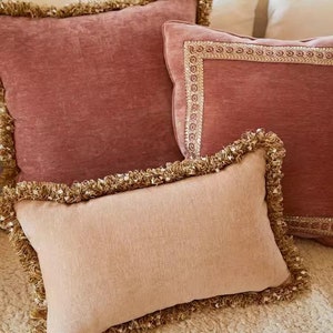 Velvet Pink Throw Pillow Cover, Fringed Cushion Embroidered, Elegant Lumbar Throw Pillow with Tassel, Classic Home Decor, Shabby Chic Gifts
