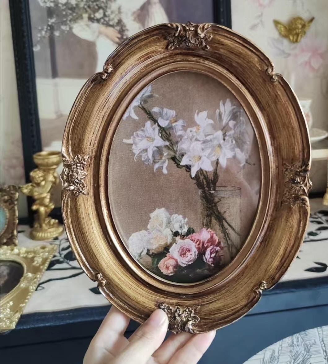 Oval Gold Ornate Framed Floral Art - Roses and Lilies Vintage Canvas ...